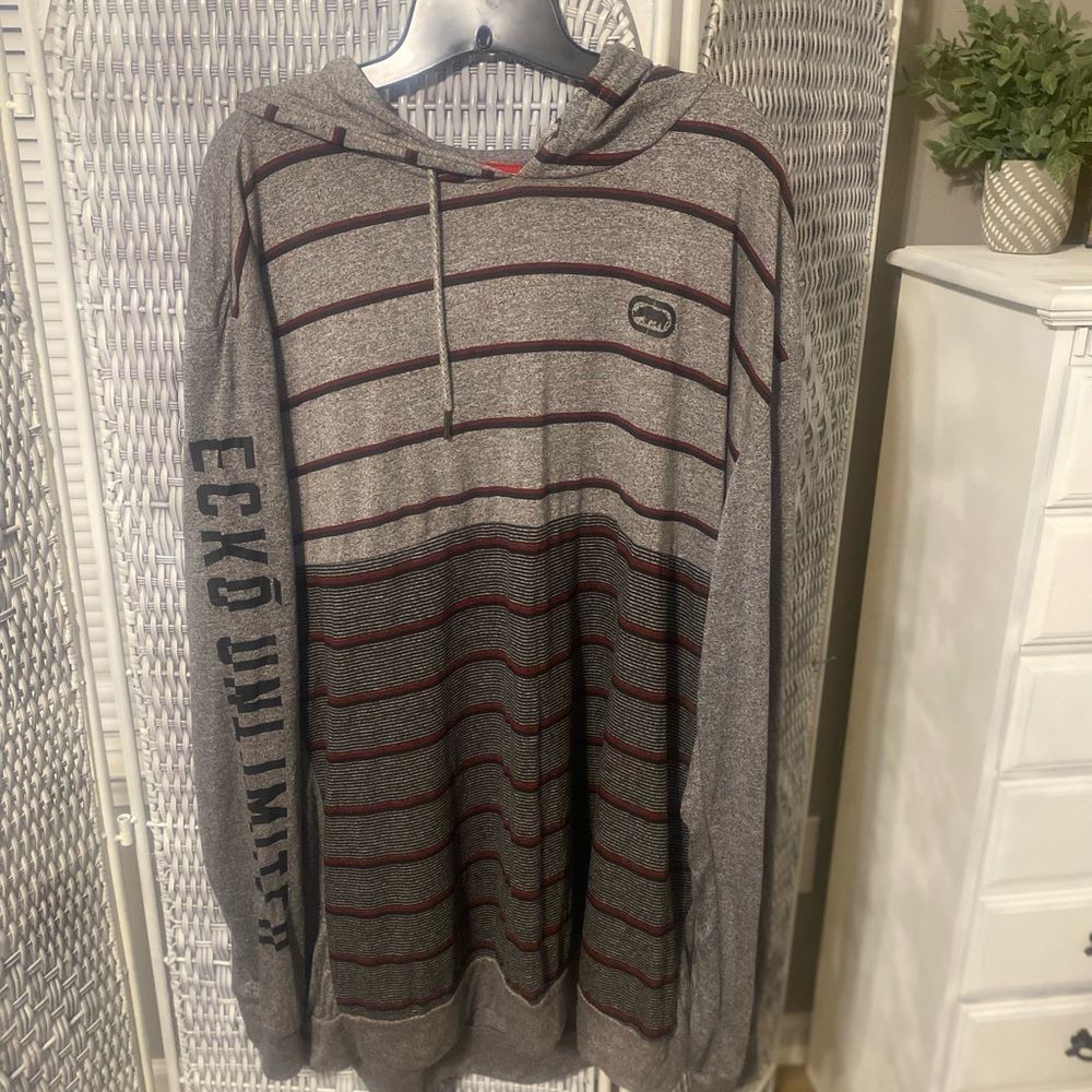 Ecko Unlimited  Gray Long Sleeve Hoodie with Red and Blue Stripes